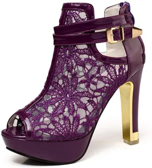 getmorebeauty Women's Pretty Lace Flowers Open Toes High Heels Ankle Boots
