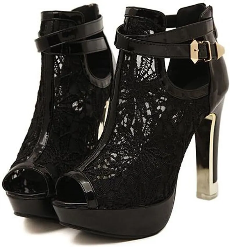getmorebeauty Women's Pretty Lace Flowers Open Toes High Heels Ankle Boots