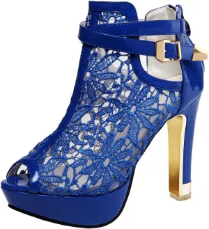 getmorebeauty Women's Pretty Lace Flowers Open Toes High Heels Ankle Boots