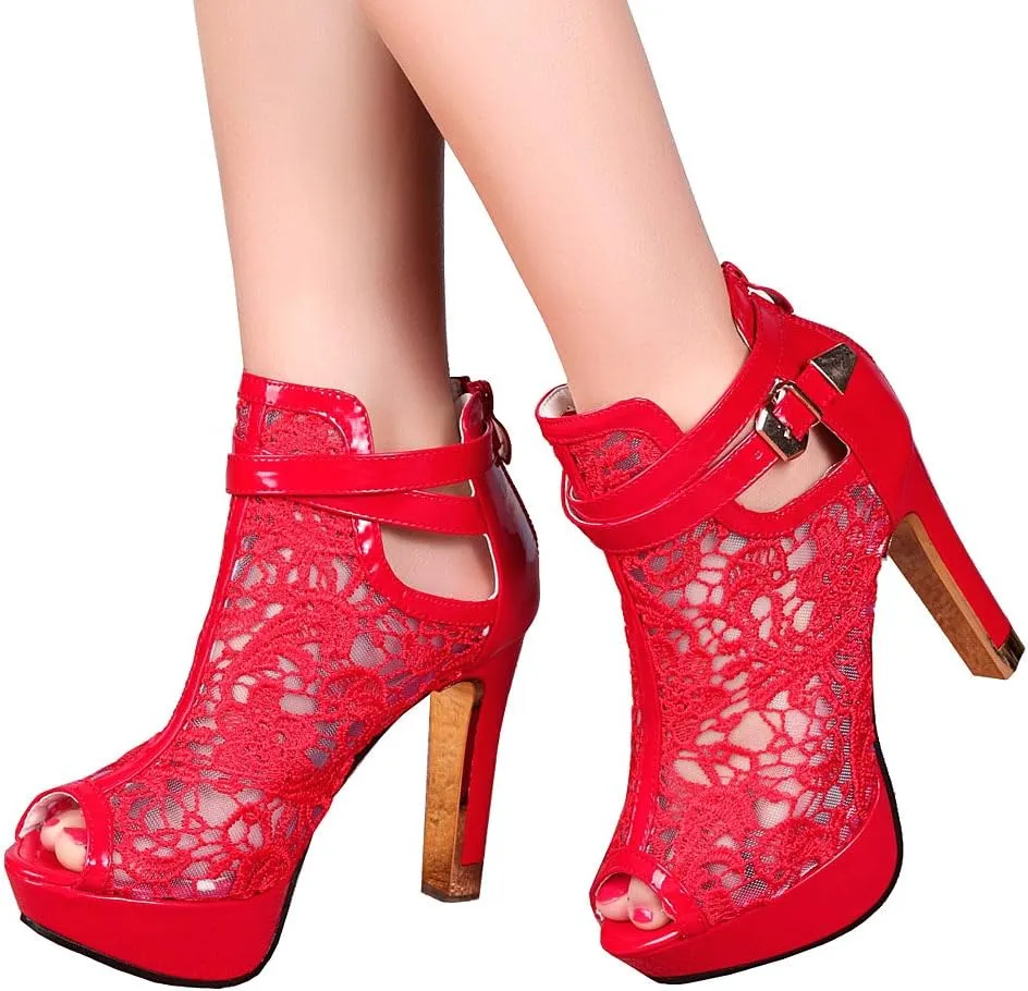 getmorebeauty Women's Pretty Lace Flowers Open Toes High Heels Ankle Boots
