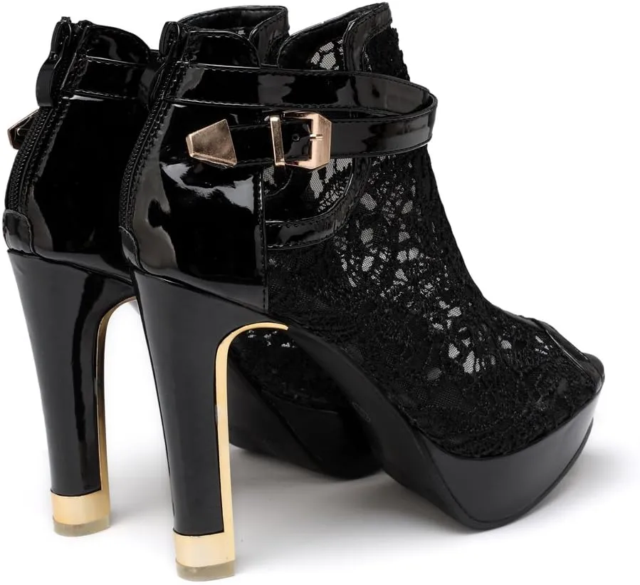 getmorebeauty Women's Pretty Lace Flowers Open Toes High Heels Ankle Boots