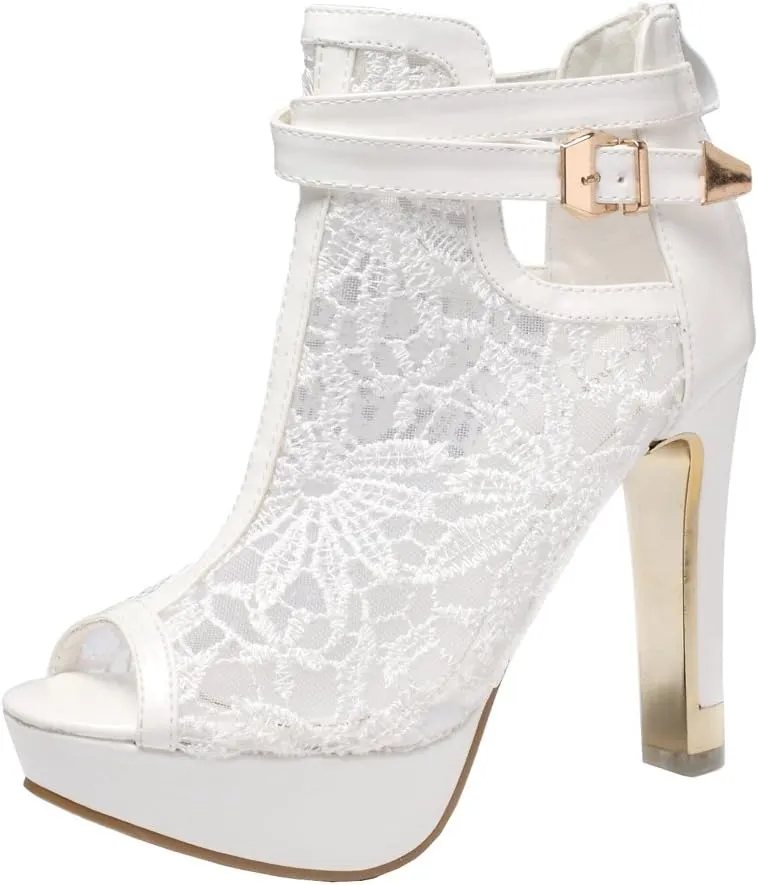 getmorebeauty Women's Pretty Lace Flowers Open Toes High Heels Ankle Boots