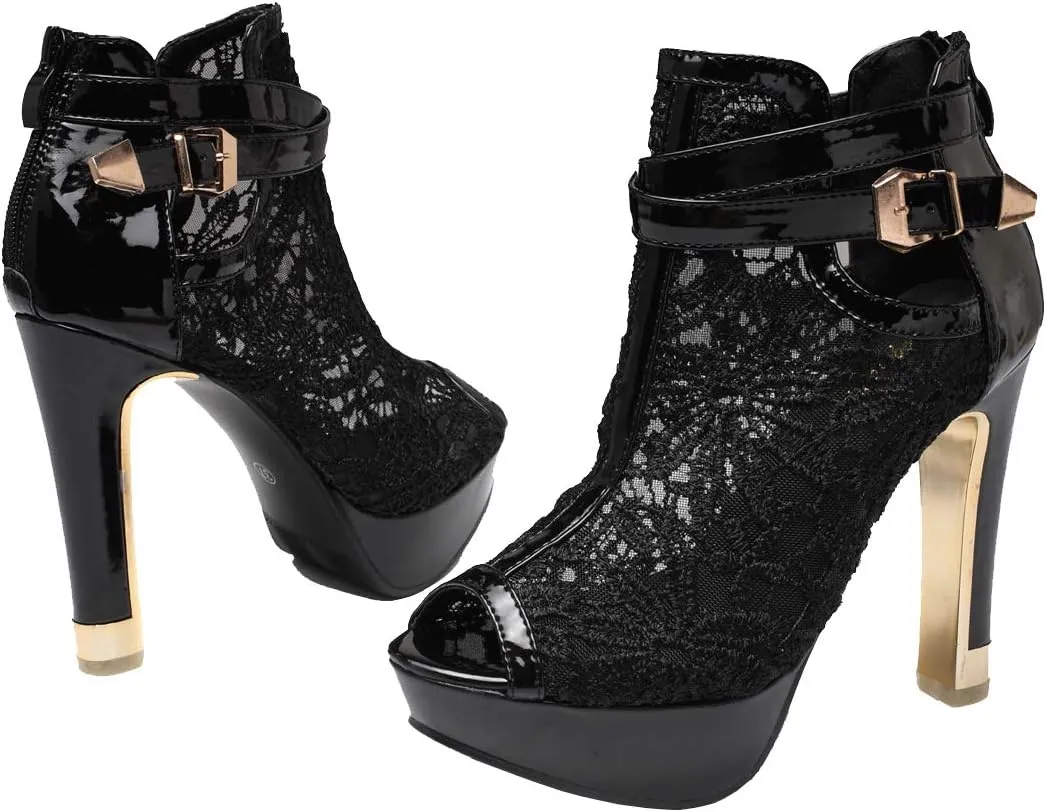 getmorebeauty Women's Pretty Lace Flowers Open Toes High Heels Ankle Boots