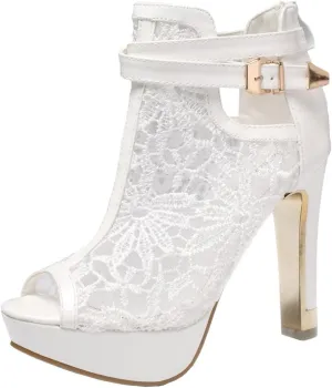 getmorebeauty Women's Pretty Lace Flowers Open Toes High Heels Ankle Boots