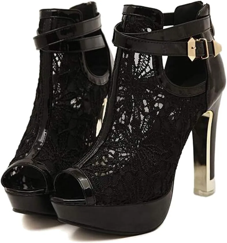 getmorebeauty Women's Pretty Lace Flowers Open Toes High Heels Ankle Boots