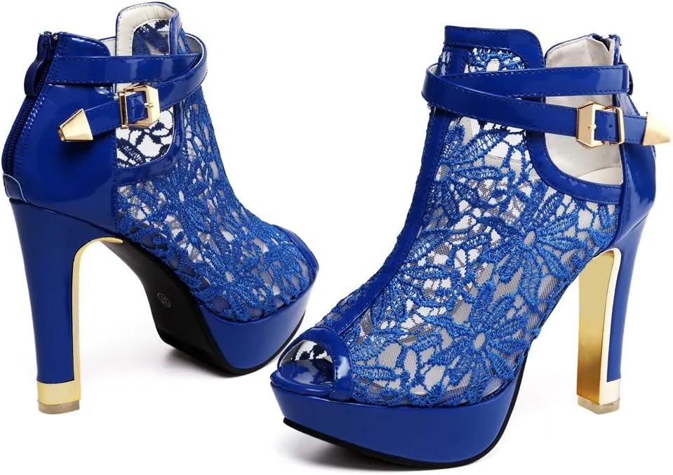 getmorebeauty Women's Pretty Lace Flowers Open Toes High Heels Ankle Boots