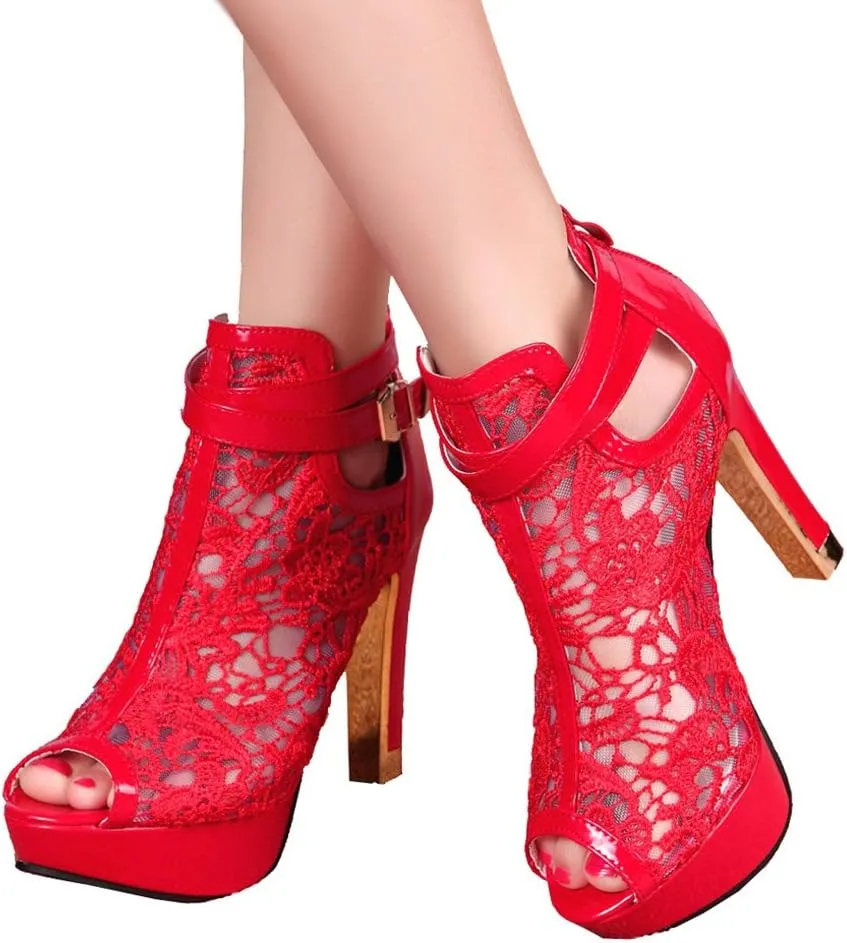 getmorebeauty Women's Pretty Lace Flowers Open Toes High Heels Ankle Boots