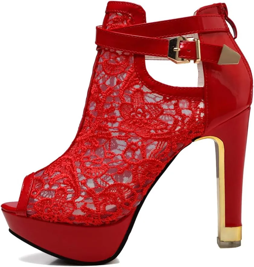 getmorebeauty Women's Pretty Lace Flowers Open Toes High Heels Ankle Boots