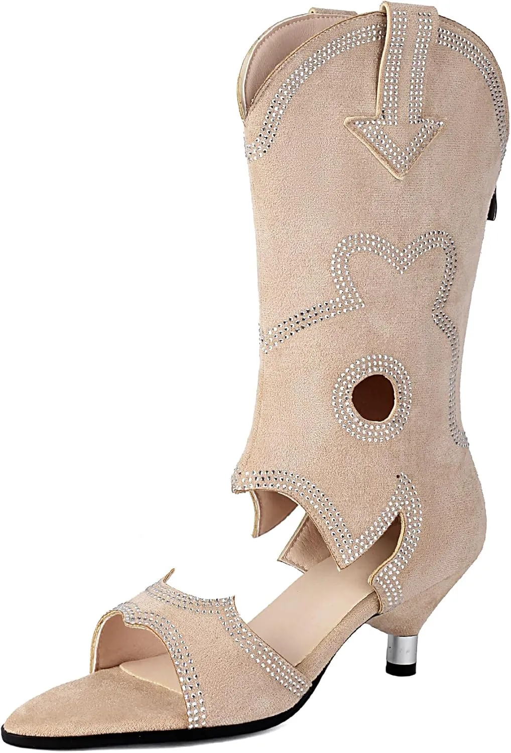 Gicoiz Women Open Toe Rhinestone Mid Calf Low Kitten Heels Sandals Boots