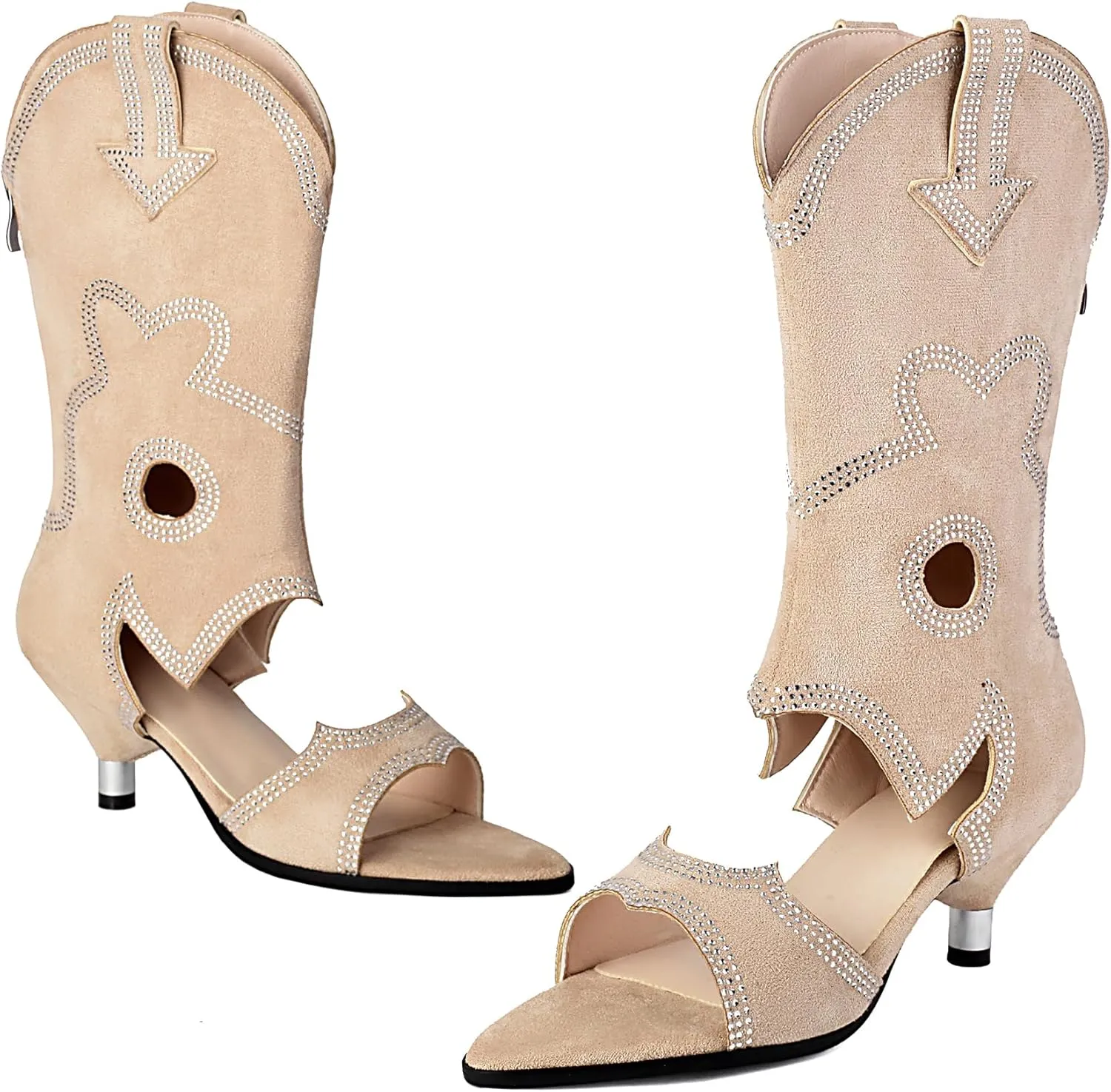 Gicoiz Women Open Toe Rhinestone Mid Calf Low Kitten Heels Sandals Boots