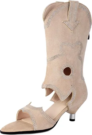 Gicoiz Women Open Toe Rhinestone Mid Calf Low Kitten Heels Sandals Boots