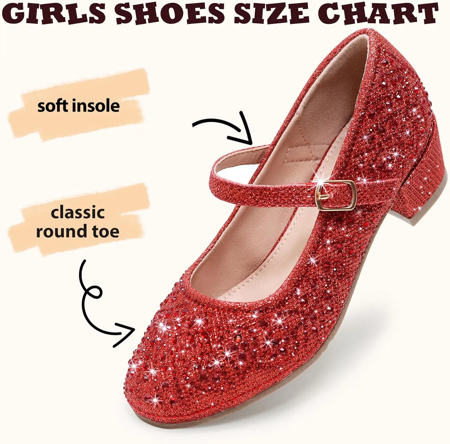 Girls Dress Shoes Mary Jane Low Heel Princess Flower Wedding Flats Glitter Shoes for Toddler/Little Kid/Big Kids