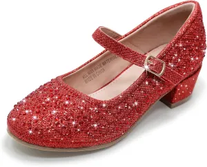 Girls Dress Shoes Mary Jane Low Heel Princess Flower Wedding Flats Glitter Shoes for Toddler/Little Kid/Big Kids