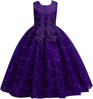 Girls Flower Wedding Dress Tulle Mesh Sleeveless Floor Length Dresses for Kids Birthday Formal Pegeant Dance Gown