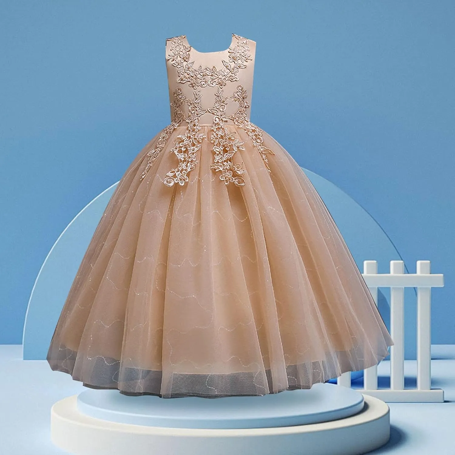 Girls Flower Wedding Dress Tulle Mesh Sleeveless Floor Length Dresses for Kids Birthday Formal Pegeant Dance Gown