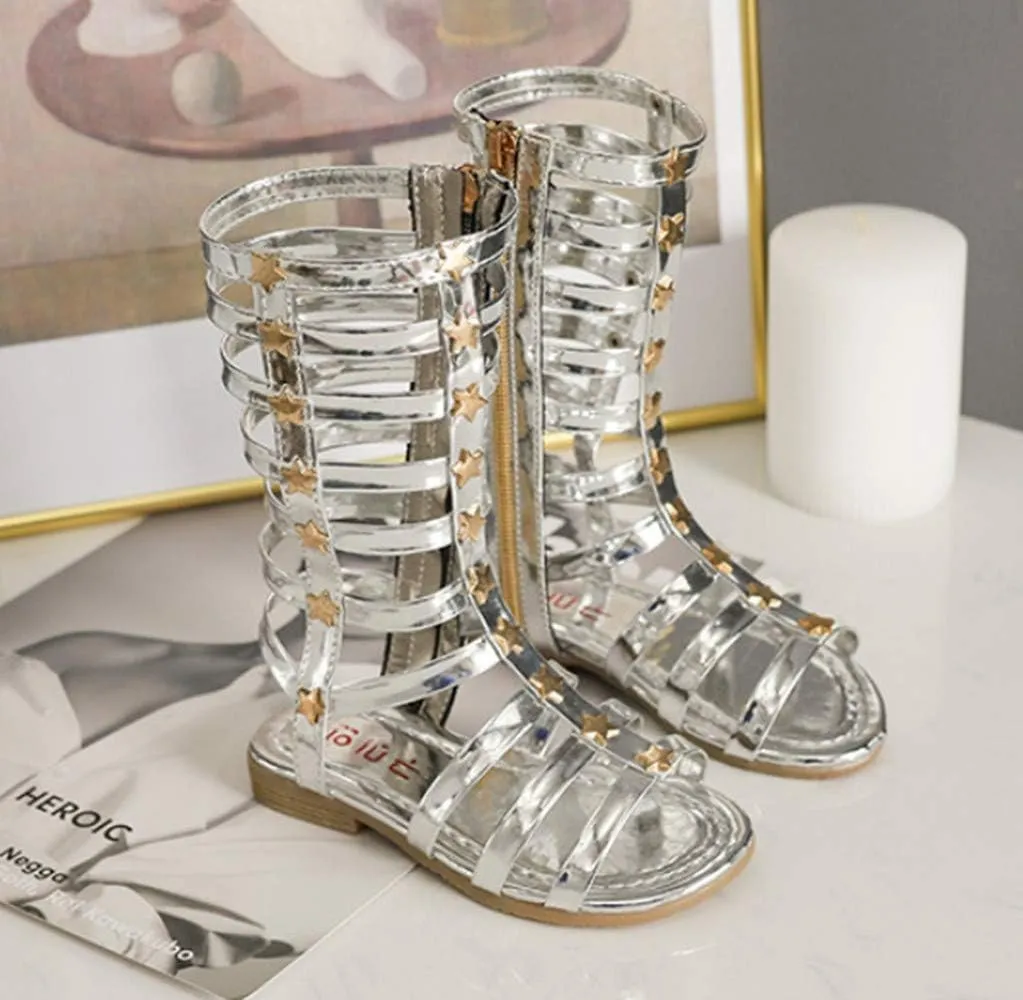 Girls Knee High Top Rivet Gladiator Sandals Fashion Summer Dress Flats Girls Zipper Boots Shoes