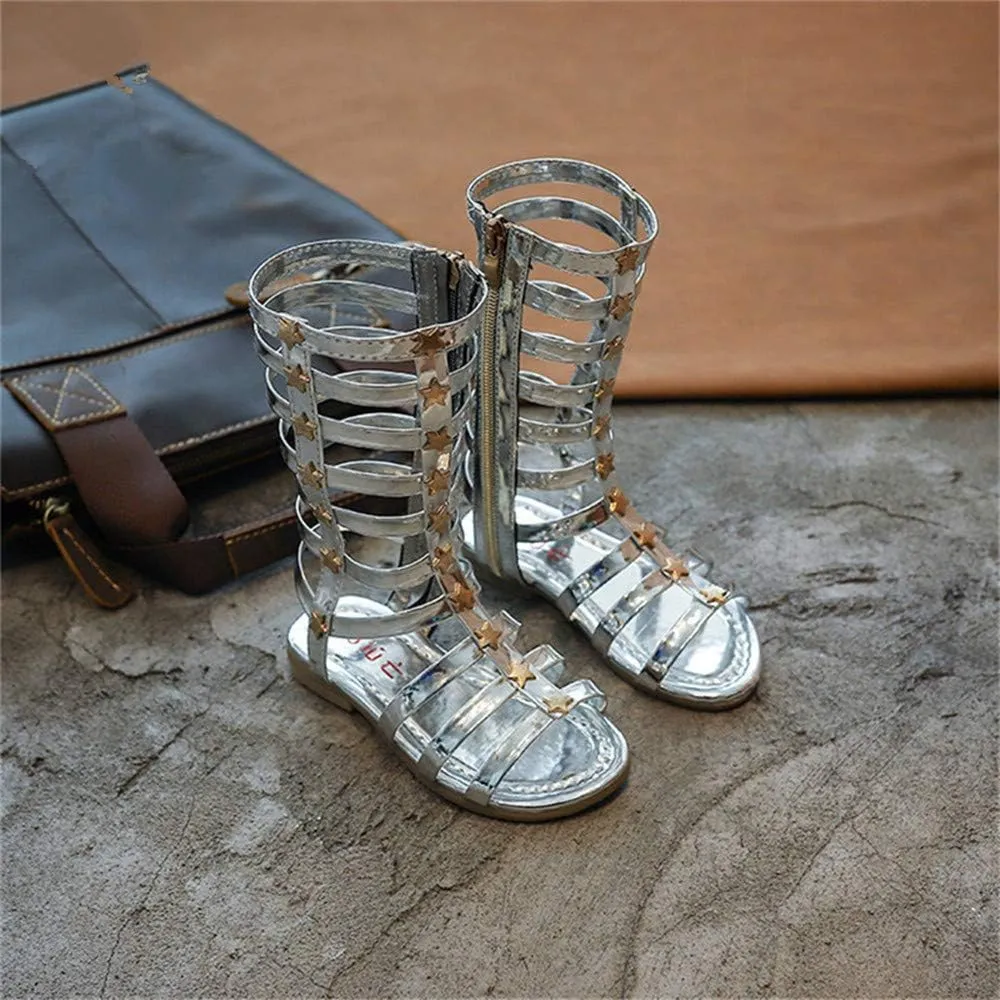 Girls Knee High Top Rivet Gladiator Sandals Fashion Summer Dress Flats Girls Zipper Boots Shoes