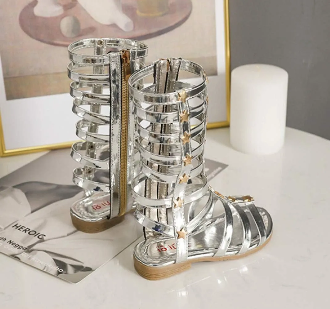 Girls Knee High Top Rivet Gladiator Sandals Fashion Summer Dress Flats Girls Zipper Boots Shoes
