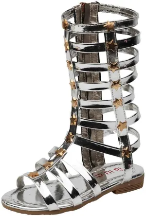 Girls Knee High Top Rivet Gladiator Sandals Fashion Summer Dress Flats Girls Zipper Boots Shoes