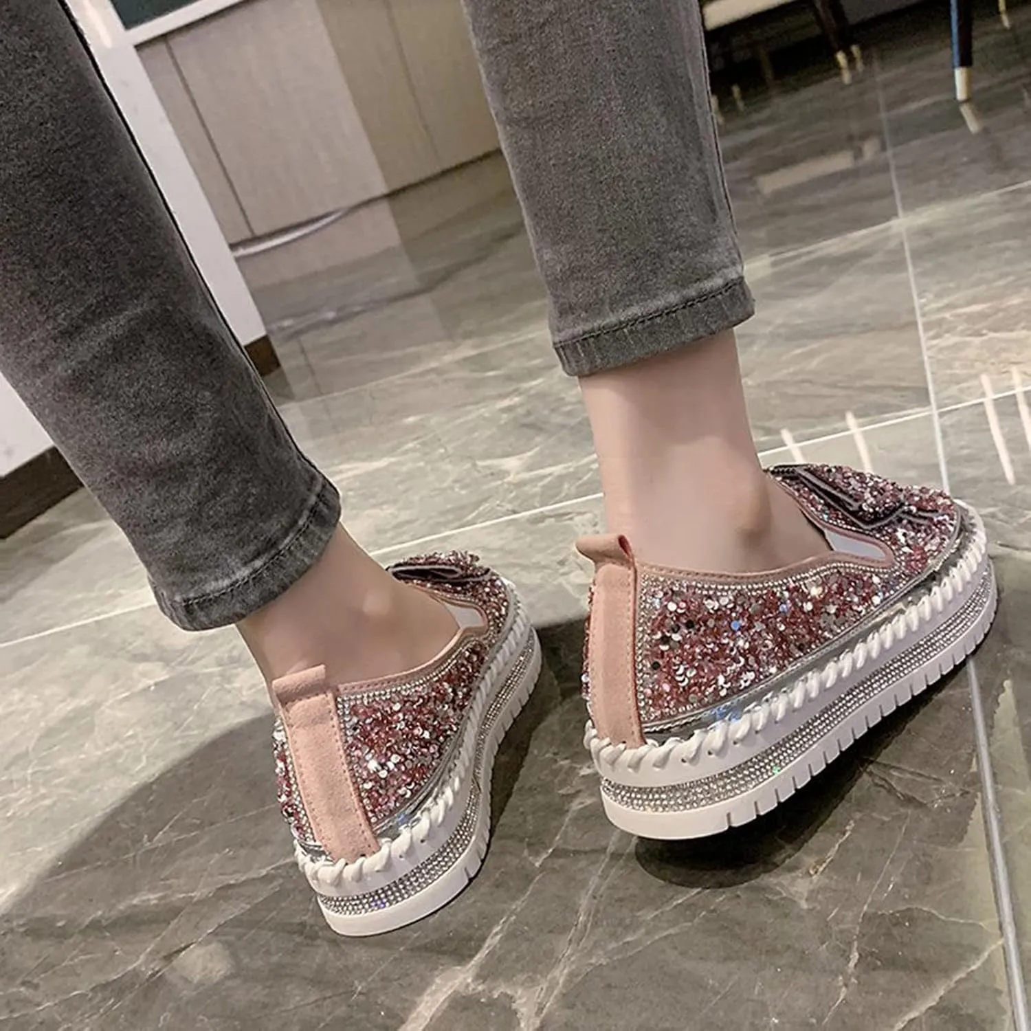 Gold Fashion Platform Walking Shoes for Women Trendy Rhinestones Glitter Slip on Sneakers Cute Bow Flat Loafer Shoe Footwear