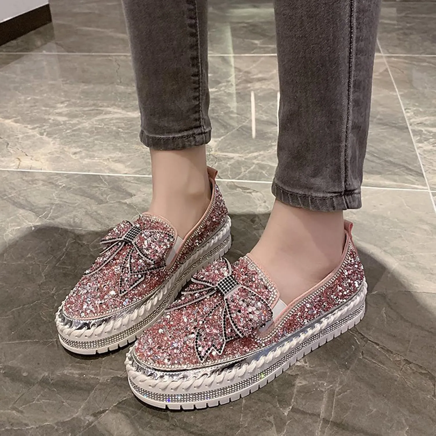Gold Fashion Platform Walking Shoes for Women Trendy Rhinestones Glitter Slip on Sneakers Cute Bow Flat Loafer Shoe Footwear