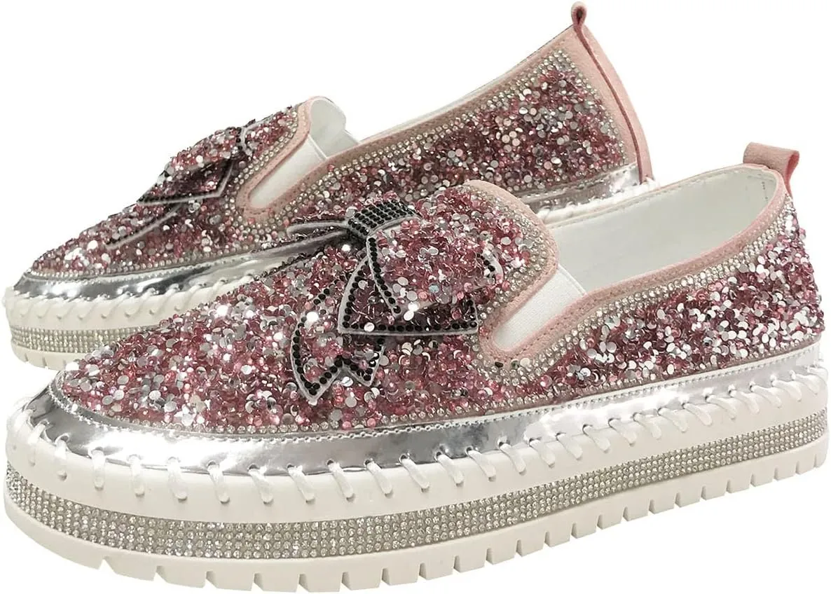 Gold Fashion Platform Walking Shoes for Women Trendy Rhinestones Glitter Slip on Sneakers Cute Bow Flat Loafer Shoe Footwear