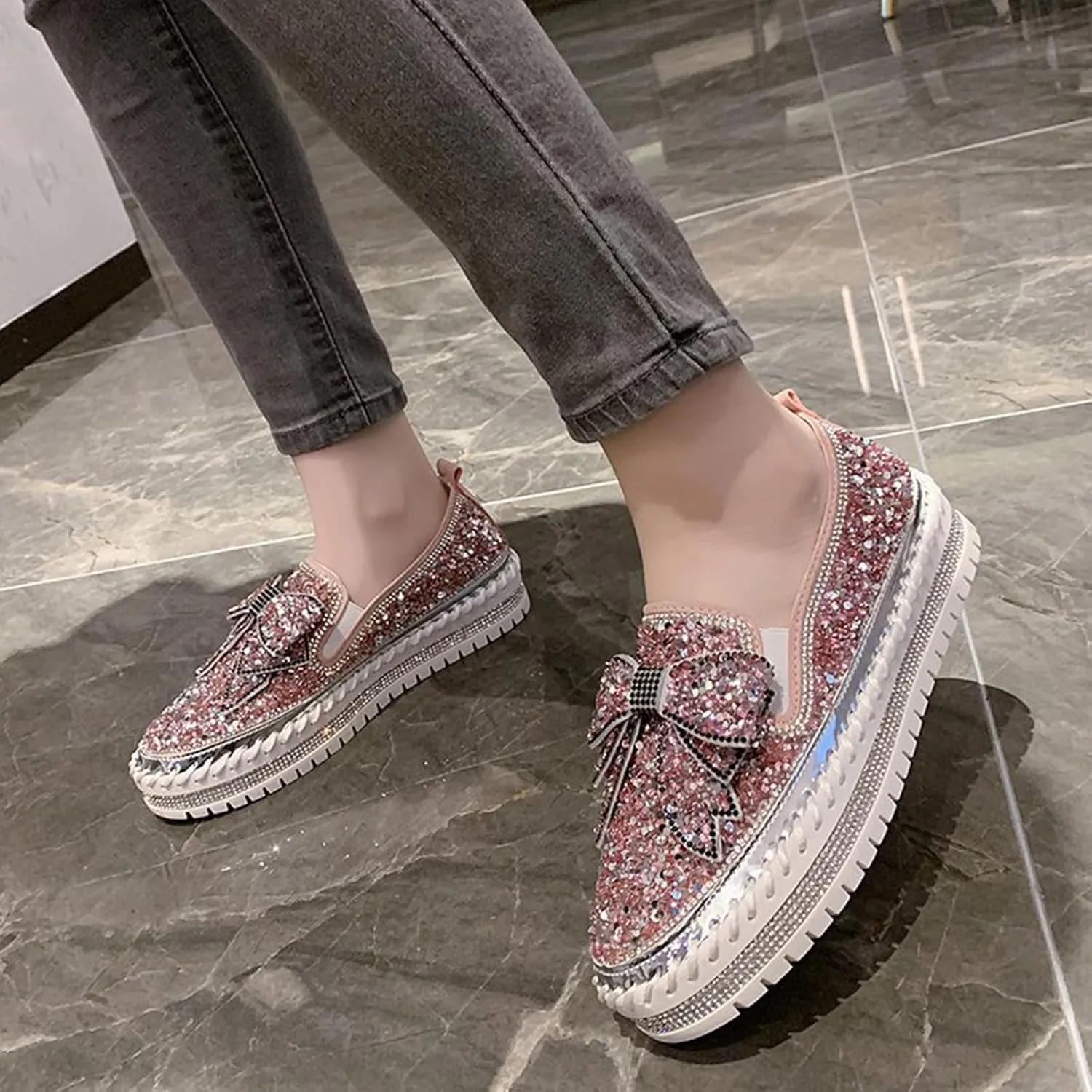 Gold Fashion Platform Walking Shoes for Women Trendy Rhinestones Glitter Slip on Sneakers Cute Bow Flat Loafer Shoe Footwear