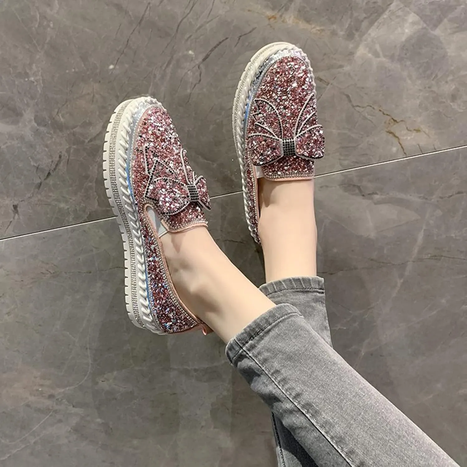 Gold Fashion Platform Walking Shoes for Women Trendy Rhinestones Glitter Slip on Sneakers Cute Bow Flat Loafer Shoe Footwear