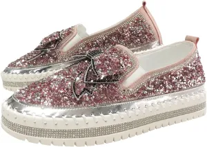 Gold Fashion Platform Walking Shoes for Women Trendy Rhinestones Glitter Slip on Sneakers Cute Bow Flat Loafer Shoe Footwear