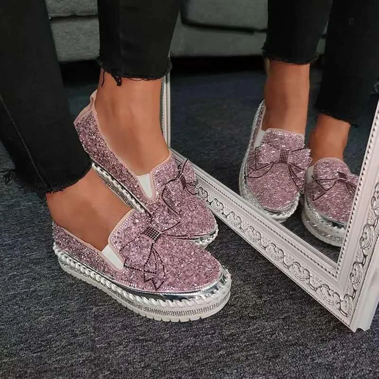 Gold Fashion Platform Walking Shoes for Women Trendy Rhinestones Glitter Slip on Sneakers Cute Bow Flat Loafer Shoe Footwear