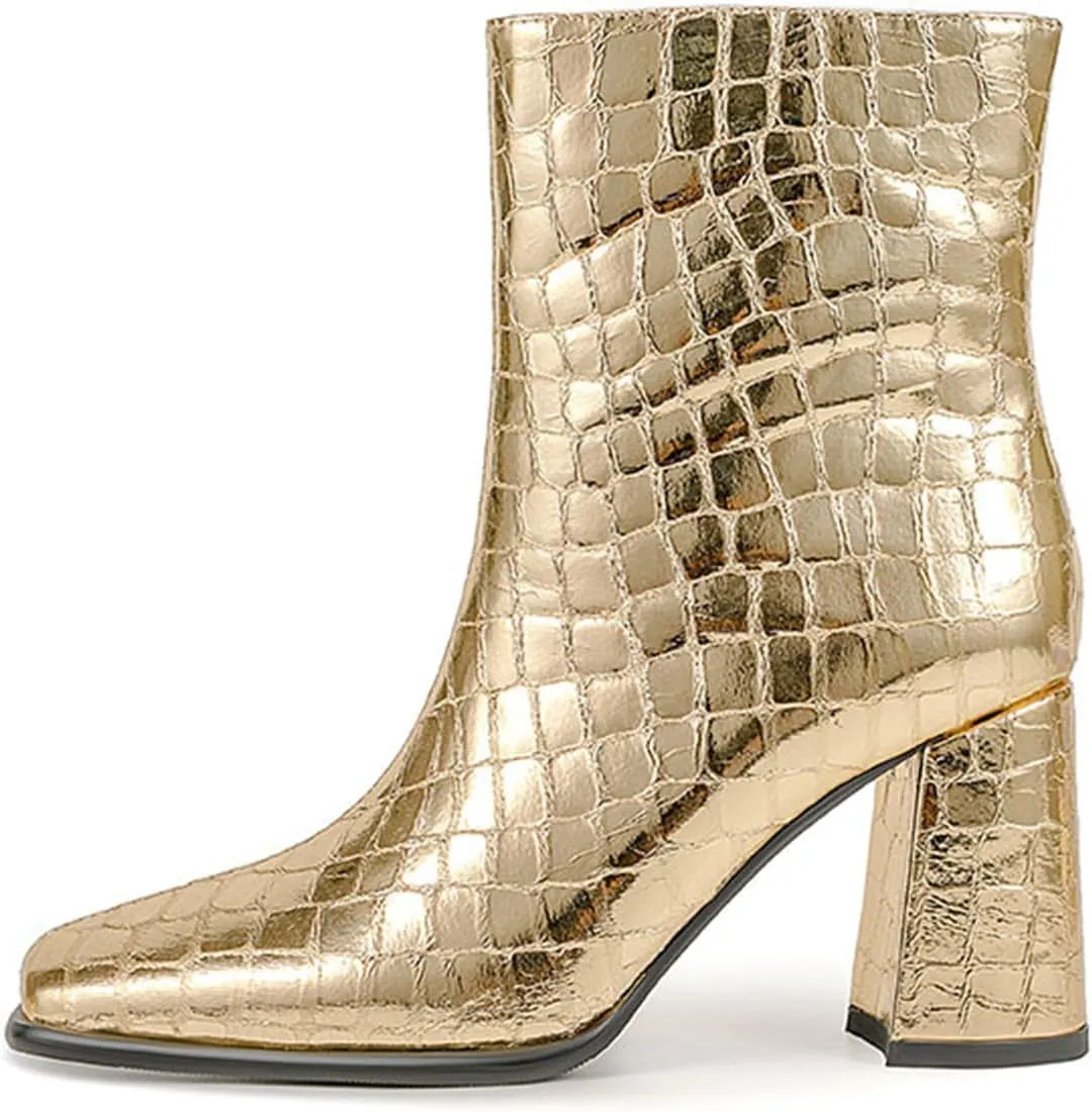 Gold Women's Fashion Ankle Boots with Side Zipper, Sexy Crocodile-Print High Heel Short Boots for Party, Banquet and Catwalk,11,Gold