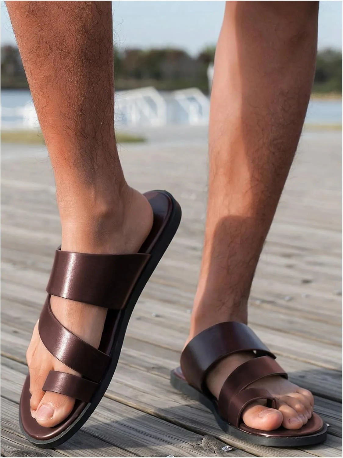 GORGLITTER Men's Beach Leather Sandals Slide Footwear Round Flip Flops Pu Slip On Slippers