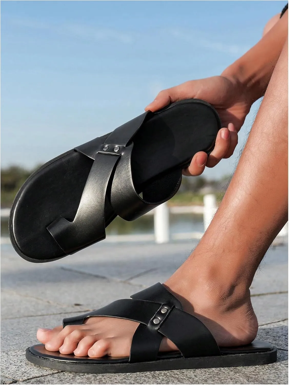 GORGLITTER Men's Beach Leather Sandals Slide Footwear Round Flip Flops Pu Slip On Slippers