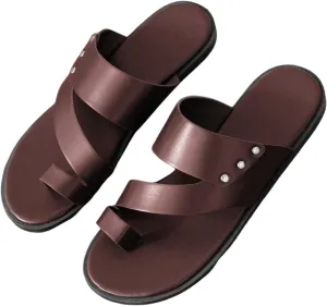 GORGLITTER Men's Beach Leather Sandals Slide Footwear Round Flip Flops Pu Slip On Slippers