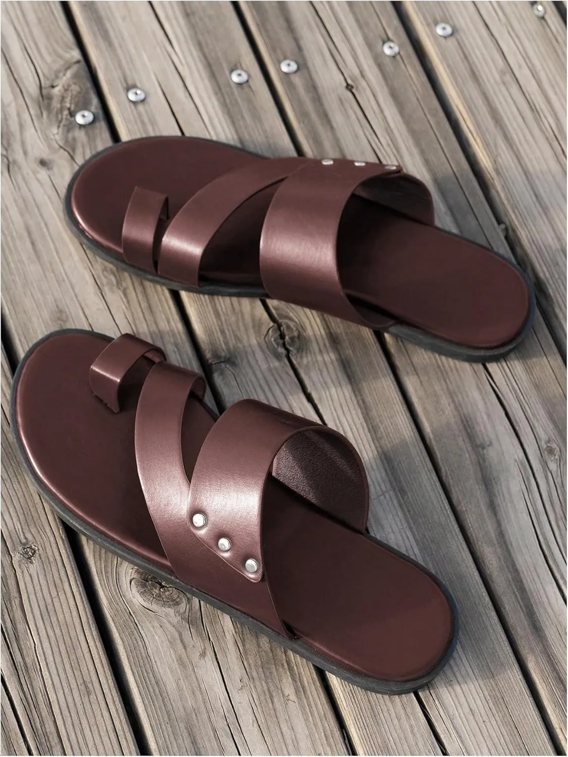 GORGLITTER Men's Beach Leather Sandals Slide Footwear Round Flip Flops Pu Slip On Slippers