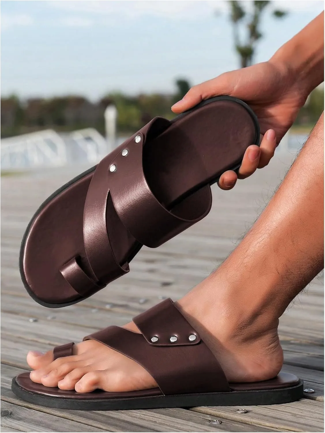 GORGLITTER Men's Beach Leather Sandals Slide Footwear Round Flip Flops Pu Slip On Slippers