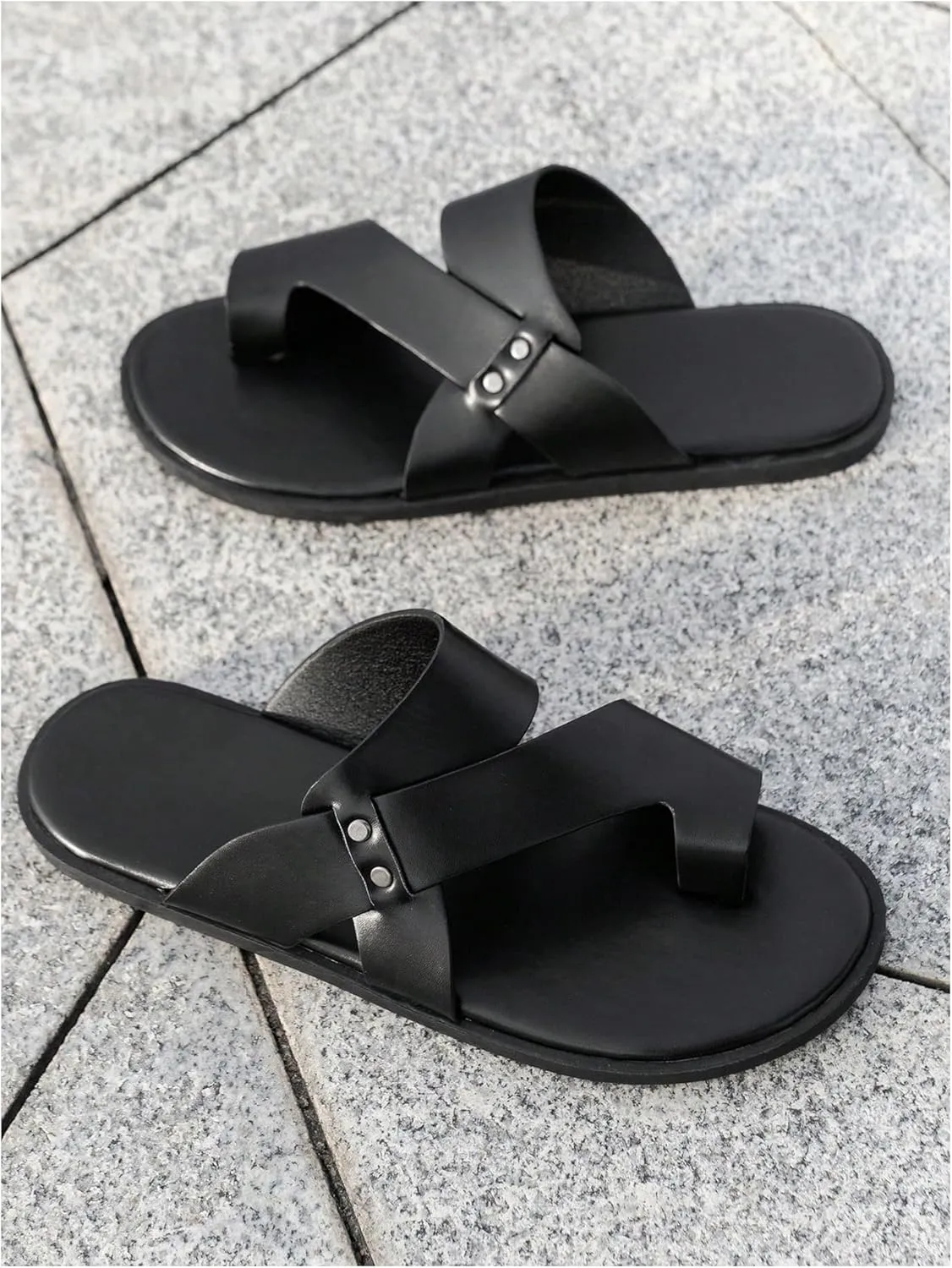 GORGLITTER Men's Beach Leather Sandals Slide Footwear Round Flip Flops Pu Slip On Slippers