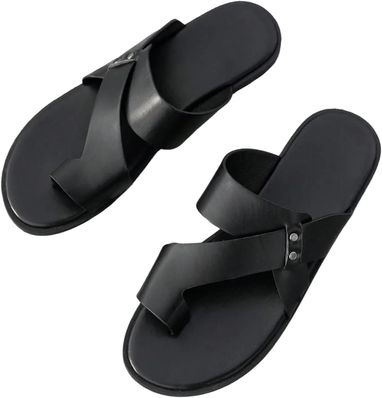 GORGLITTER Men's Beach Leather Sandals Slide Footwear Round Flip Flops Pu Slip On Slippers
