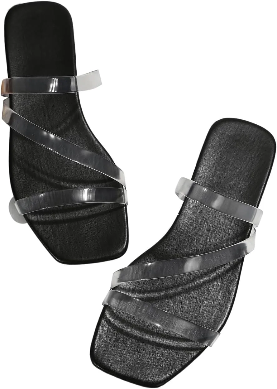 GORGLITTER Women's Clear Sandals Strappy Jelly Flat Slides Dressy Open Toe Cute Vacation Beach Shoes 2025