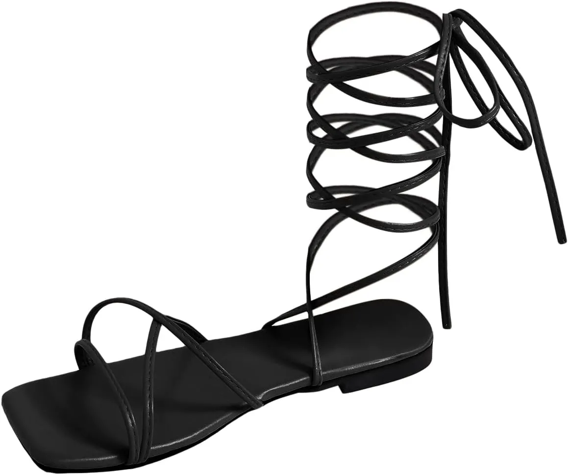 GORGLITTER Women's Lace Up Sandals Criss Cross Strappy Sandals Tie Up Open Toe Flat Sandals