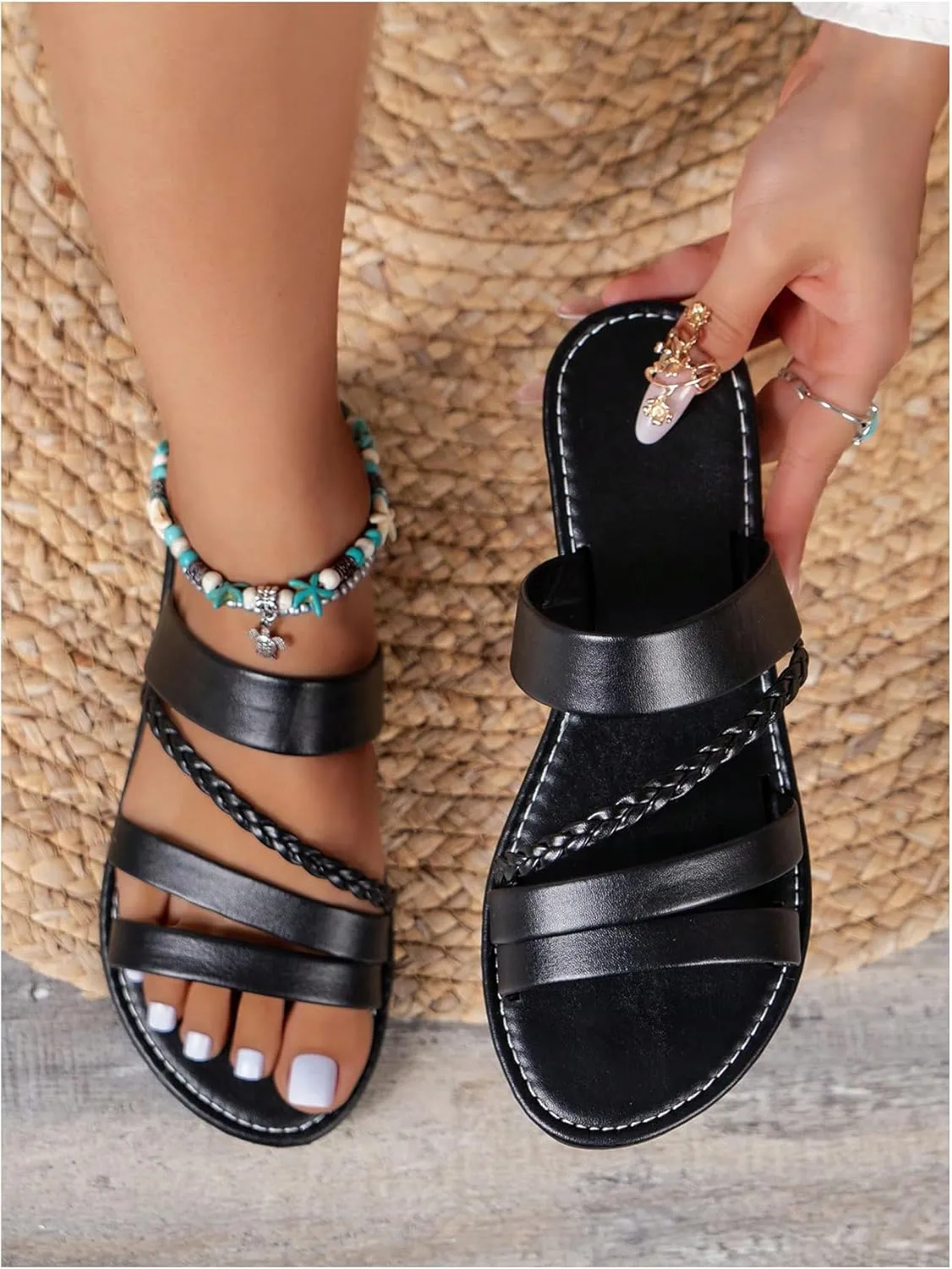 GORGLITTER Women's Leather Strappy Sandals Dressy Braided Open Toe Slip on Slide Summer Vacation Beach Sandals 2025