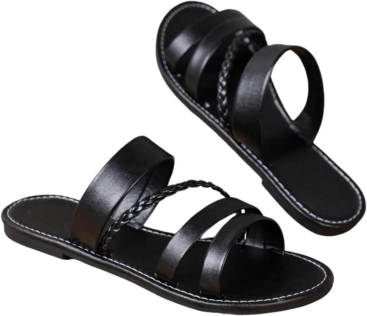 GORGLITTER Women's Leather Strappy Sandals Dressy Braided Open Toe Slip on Slide Summer Vacation Beach Sandals 2025