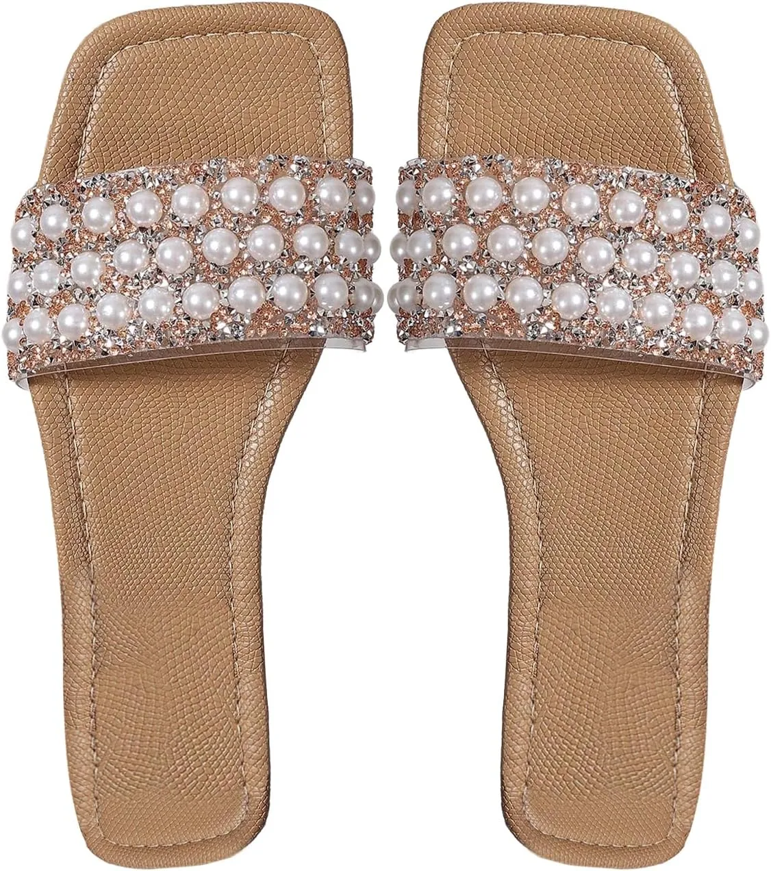 GORGLITTER Women's Pearls Flat Sandals Square Open Toe Rhinestone Dressy Summer Slip on Slide Sandals