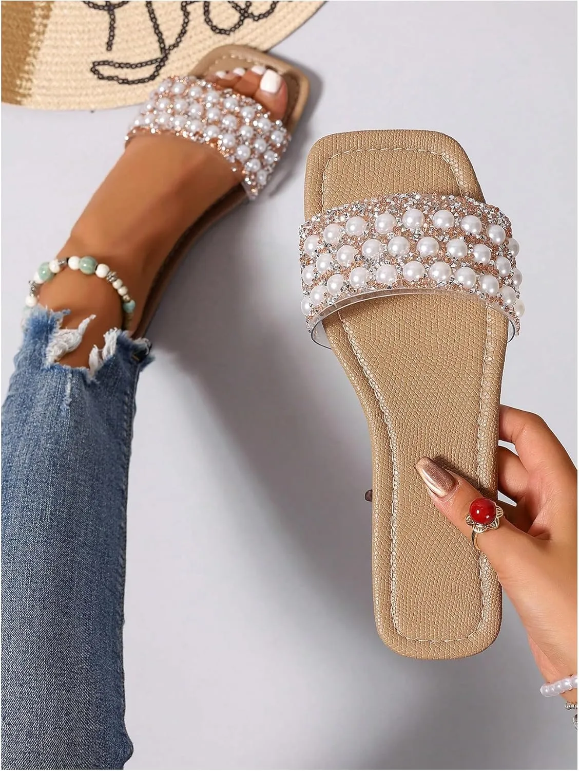GORGLITTER Women's Pearls Flat Sandals Square Open Toe Rhinestone Dressy Summer Slip on Slide Sandals