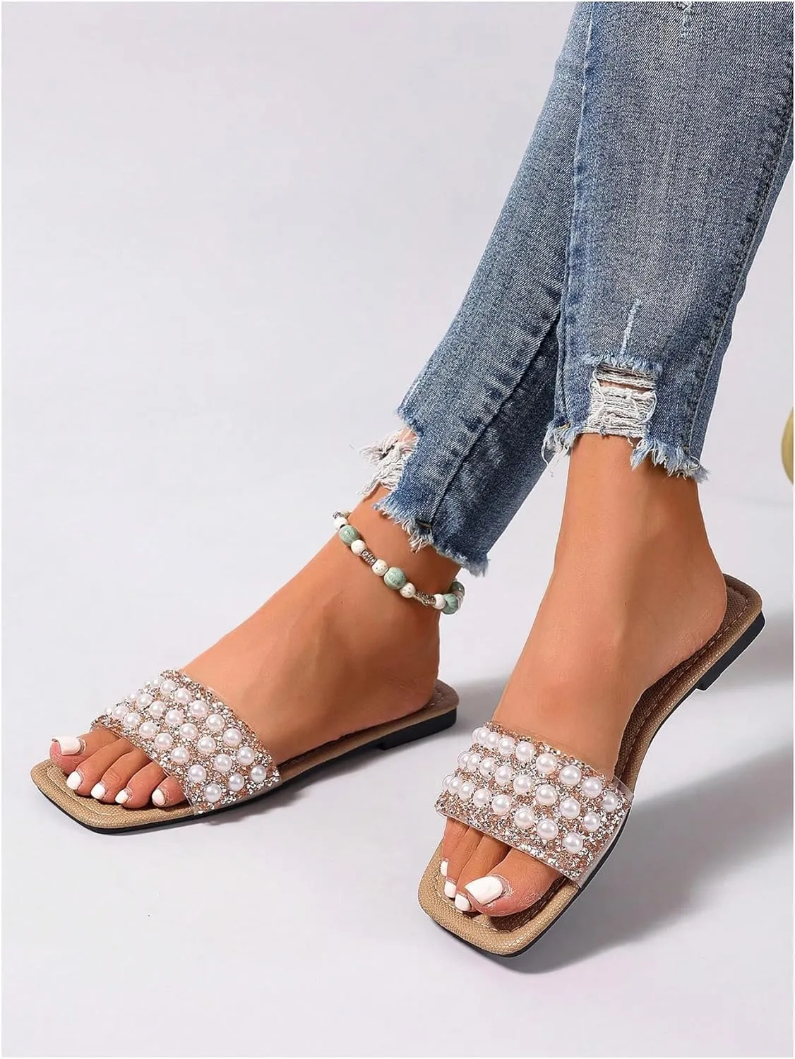 GORGLITTER Women's Pearls Flat Sandals Square Open Toe Rhinestone Dressy Summer Slip on Slide Sandals