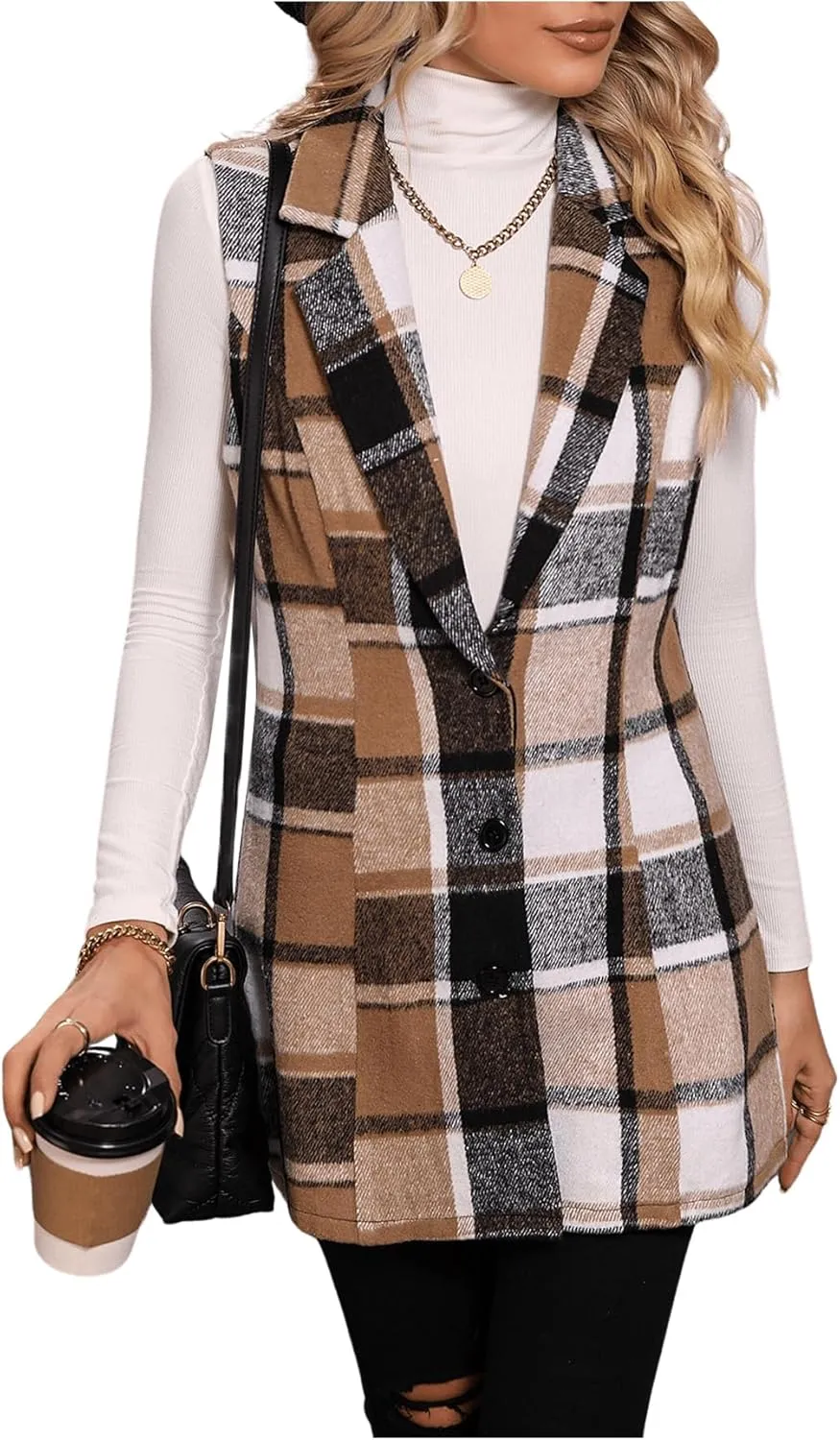 GORGLITTER Women's Plaid Sleeveless Long Vest Button Up Jackets Casual Blazer Vest Cardigan Winter Outfits
