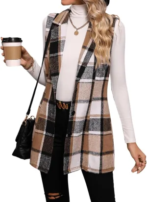 GORGLITTER Women's Plaid Sleeveless Long Vest Button Up Jackets Casual Blazer Vest Cardigan Winter Outfits