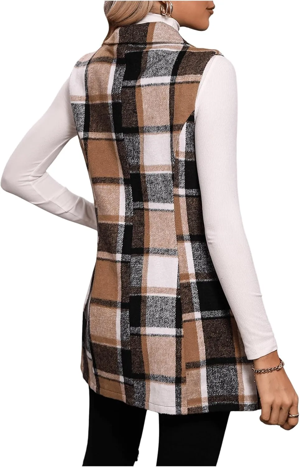 GORGLITTER Women's Plaid Sleeveless Long Vest Button Up Jackets Casual Blazer Vest Cardigan Winter Outfits