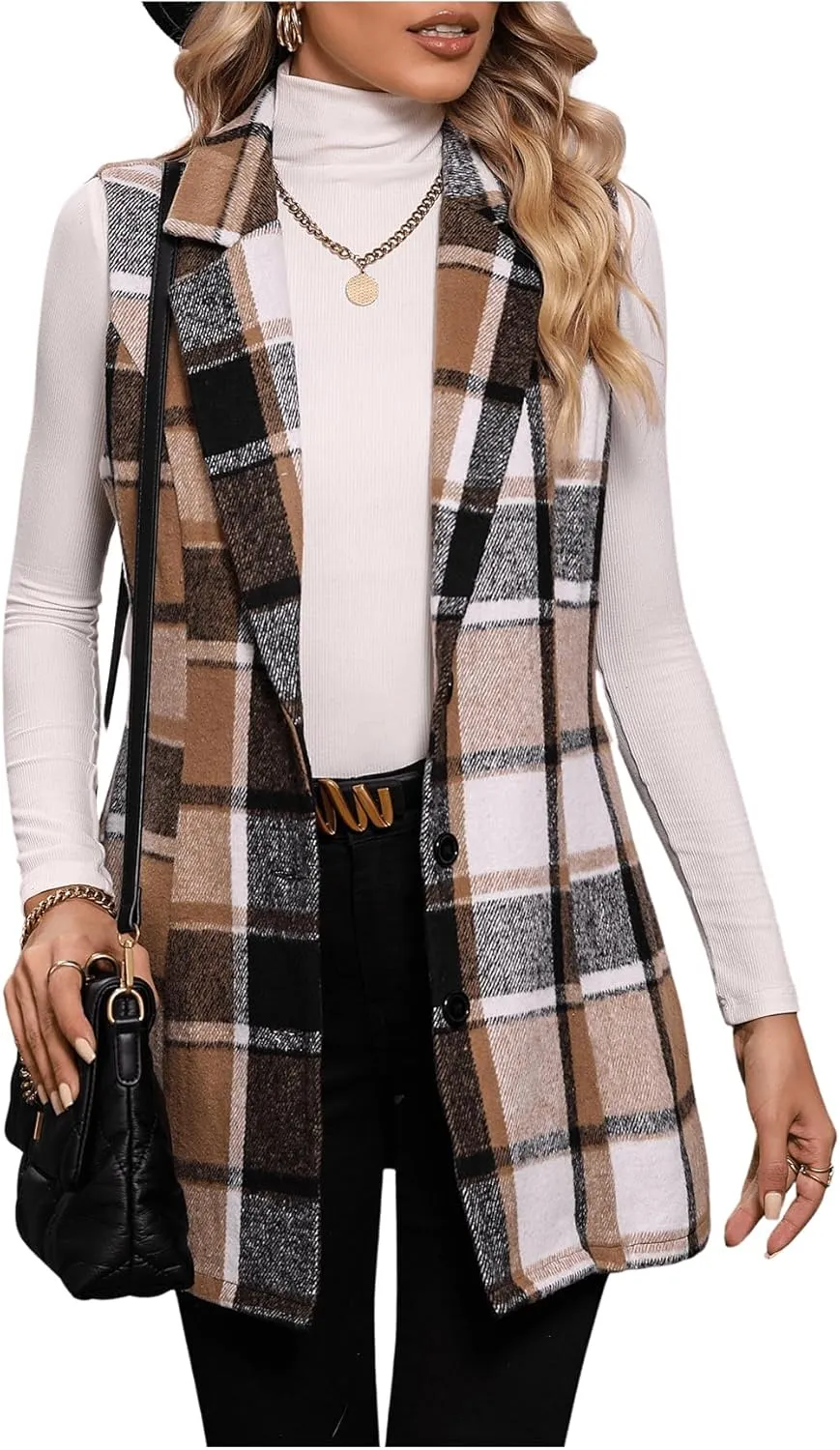 GORGLITTER Women's Plaid Sleeveless Long Vest Button Up Jackets Casual Blazer Vest Cardigan Winter Outfits