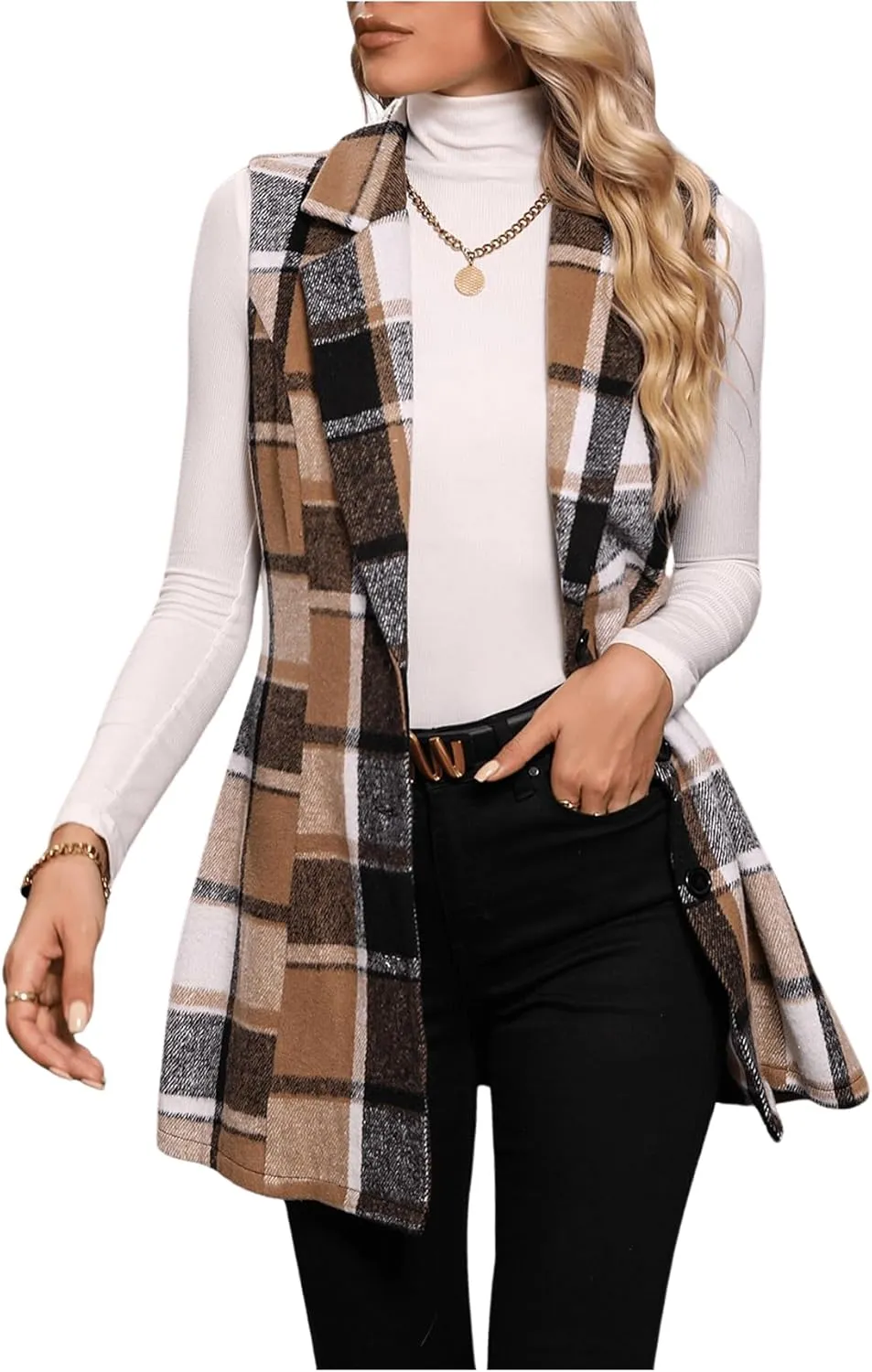 GORGLITTER Women's Plaid Sleeveless Long Vest Button Up Jackets Casual Blazer Vest Cardigan Winter Outfits